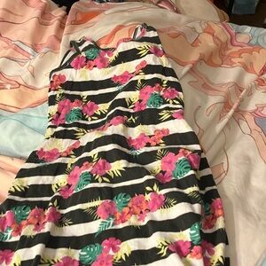 Black and white striped dress with hibiscus flower print